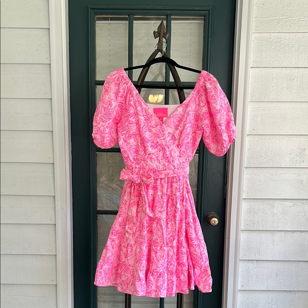 Lilly Pulitzer Iralee Linen Wrap Pink Blossom Foxy Llama Dress Size Small